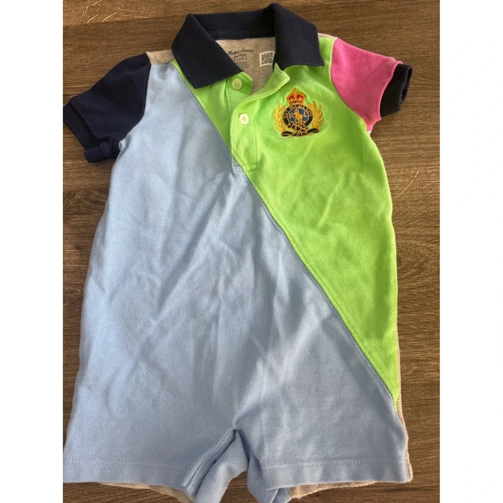 Ralph Lauren Baby Boy Colorblock Crest Polo Romper 9M Multi‎ Color Short Sleeve